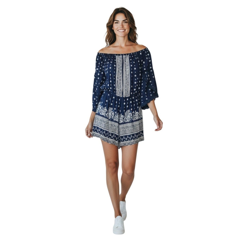Angie Navy Blue Paisley Floral Off The Shoulder Boho Romper Medium Crochet Trim